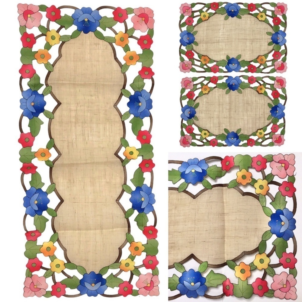 Vintage 9 PC Set Floral Hand Embroidered Scalloped Linen Table Runner Place Mats